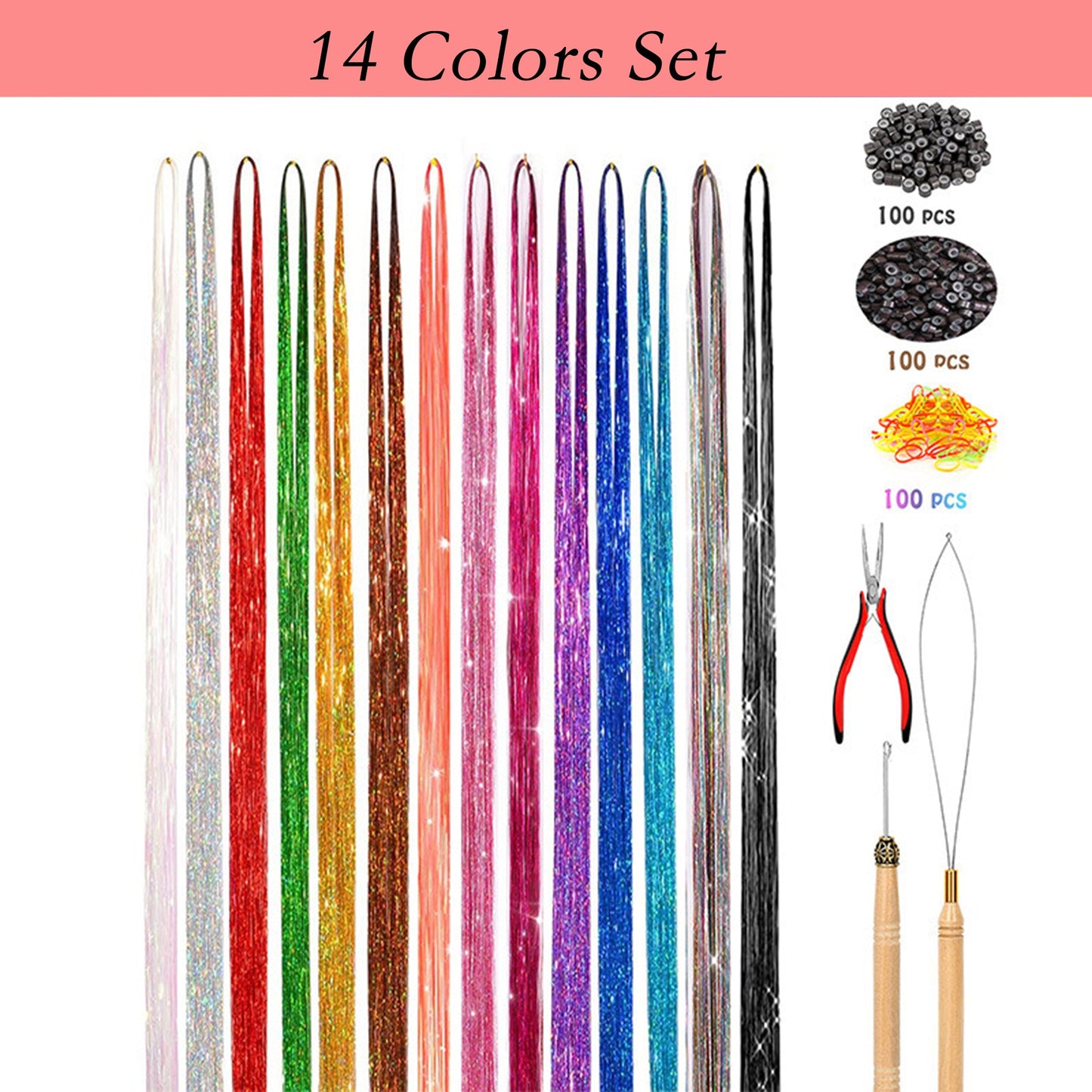 Sparkly Hair Tinsel Kit with 14/16/20 Colors and Installation Tools for Stylish Hair Extensions