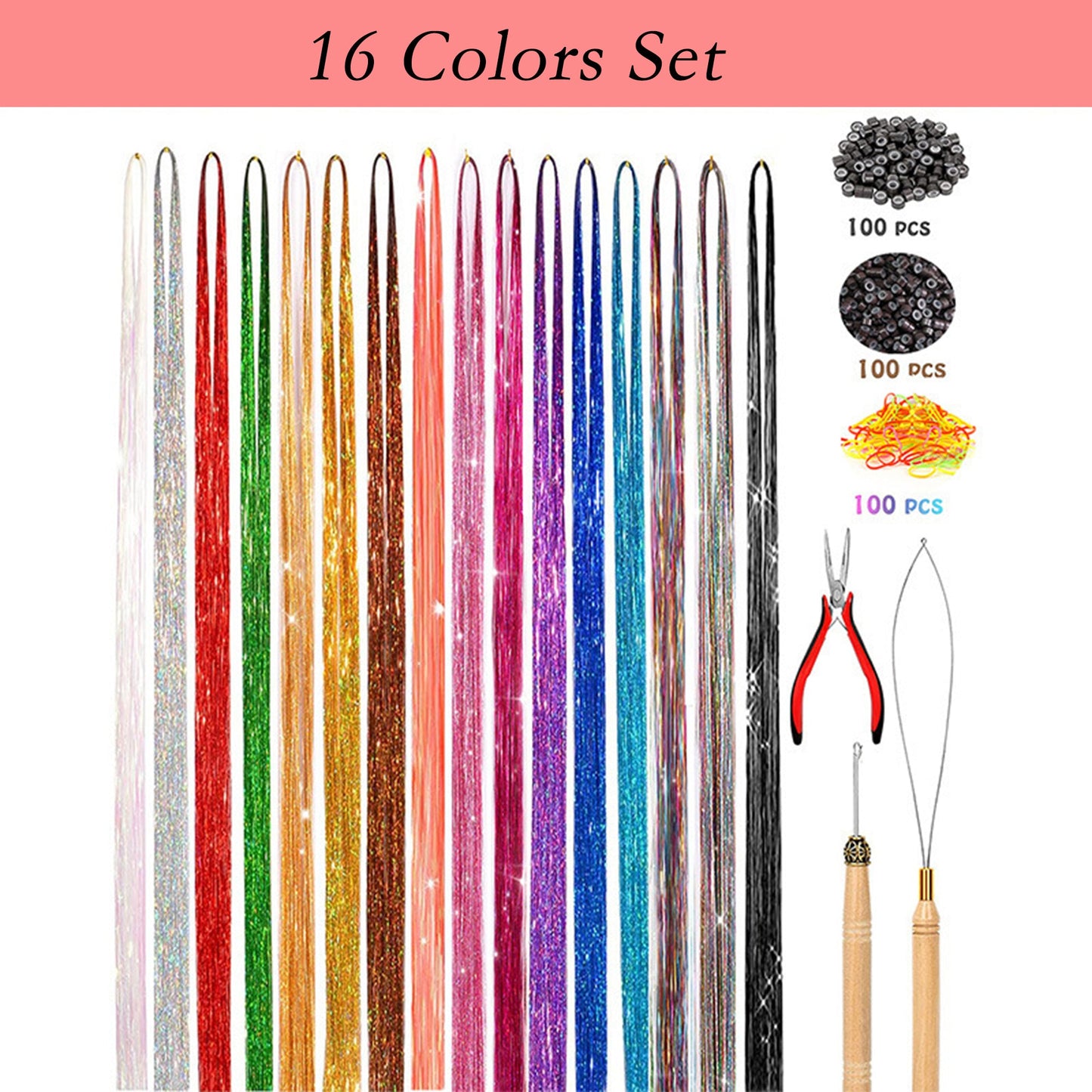 Sparkly Hair Tinsel Kit with 14/16/20 Colors and Installation Tools for Stylish Hair Extensions