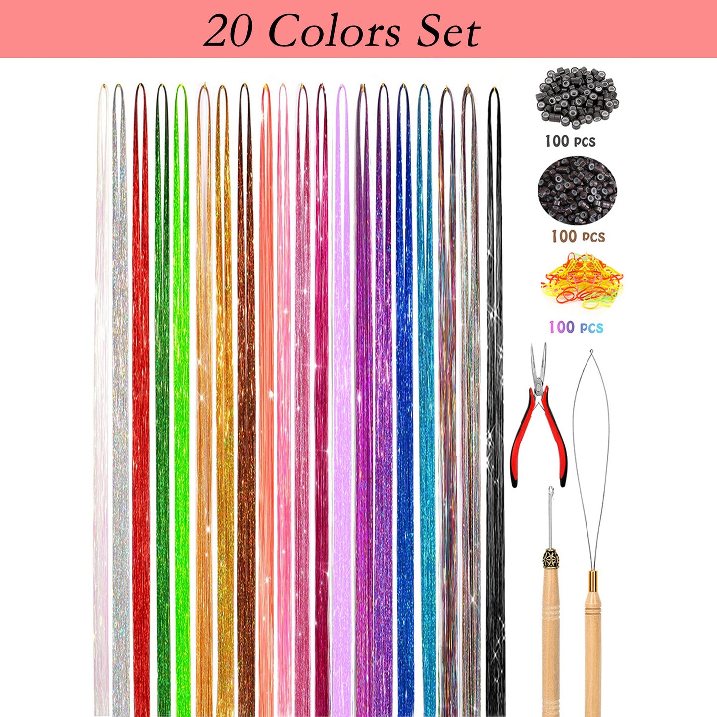 Sparkly Hair Tinsel Kit with 14/16/20 Colors and Installation Tools for Stylish Hair Extensions