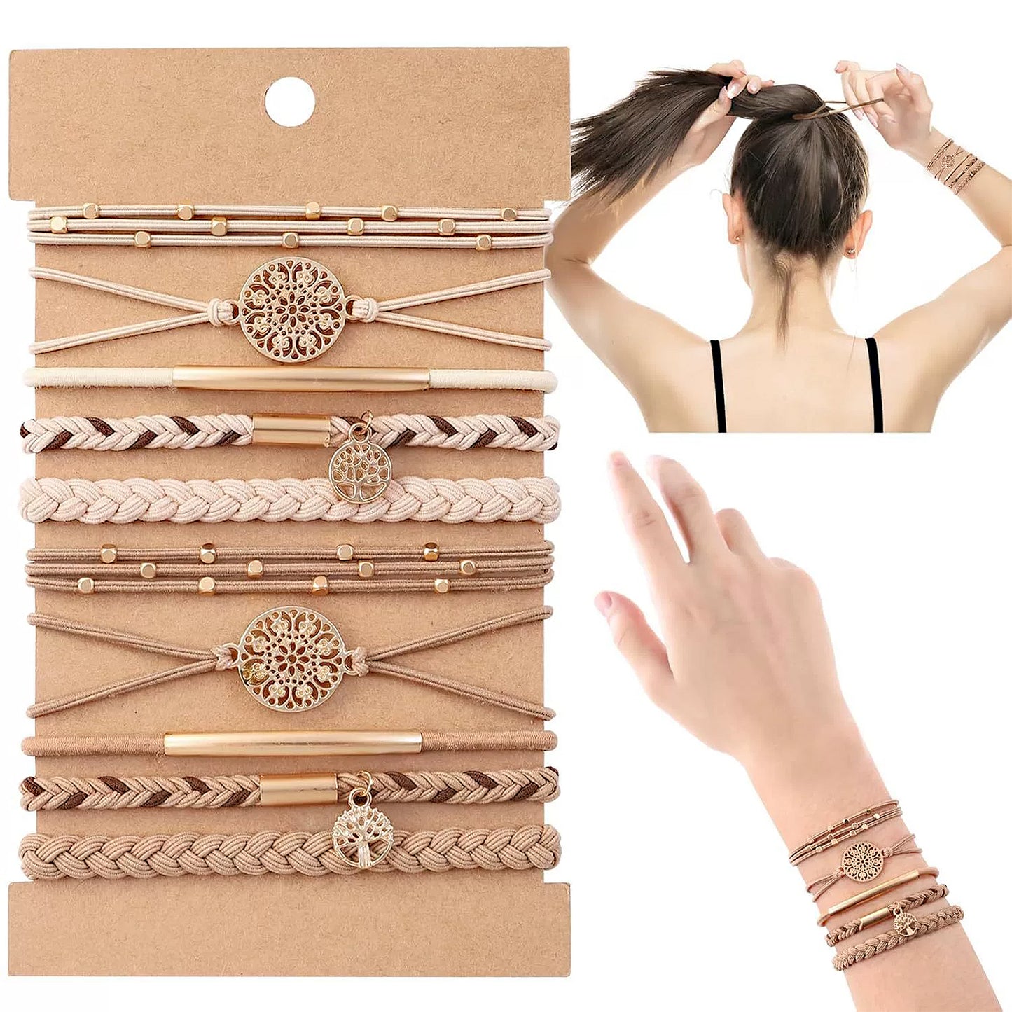 10PCs Hair Ties Bracelet for Women 5 Styles Soft Braided Boho Hair Bands Elastic Hair Accessories