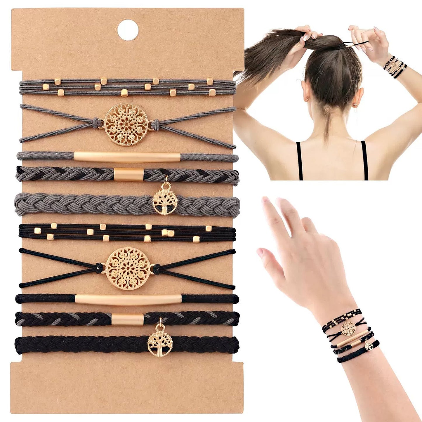 10PCs Hair Ties Bracelet for Women 5 Styles Soft Braided Boho Hair Bands Elastic Hair Accessories