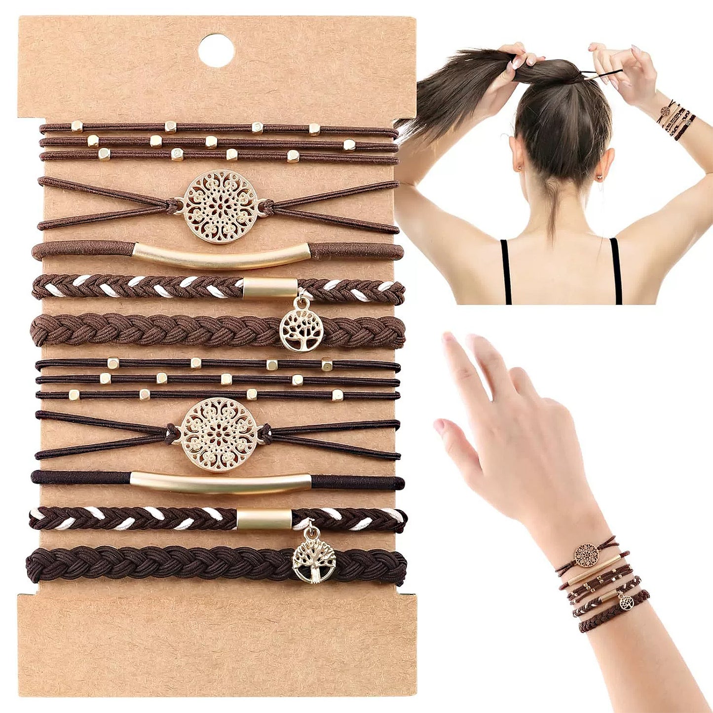 10PCs Hair Ties Bracelet for Women 5 Styles Soft Braided Boho Hair Bands Elastic Hair Accessories