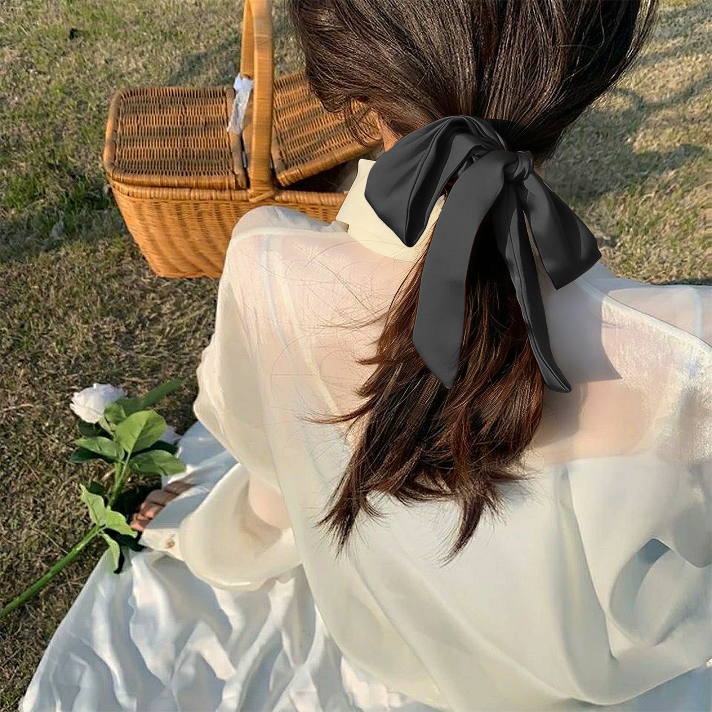 Knotted Bow Satin Hair Scrunchies Ties Elastic Hair Scarf Hair Bands Ponytail Holder for Women Girls