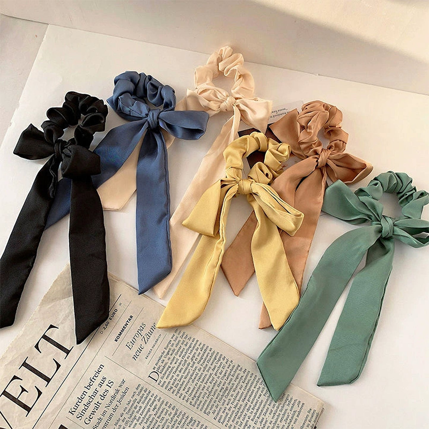 Knotted Bow Satin Hair Scrunchies Ties Elastic Hair Scarf Hair Bands Ponytail Holder for Women Girls