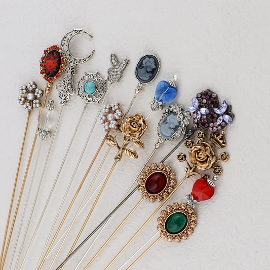 8in Antique Style Hat Pin Long Metal Stem Hats Coats Lapels