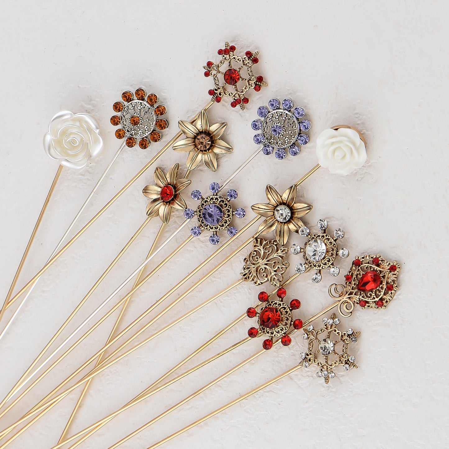 Floral Accent Hat Pin with Rhinestone 8 in Long