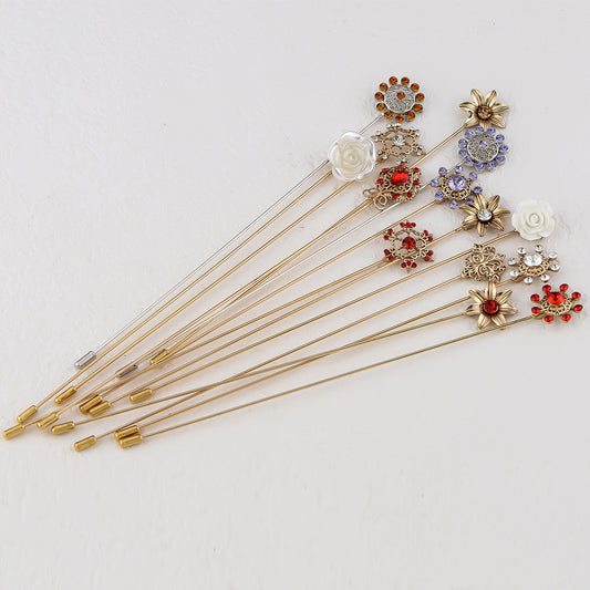 Floral Accent Hat Pin with Rhinestone 8 in Long