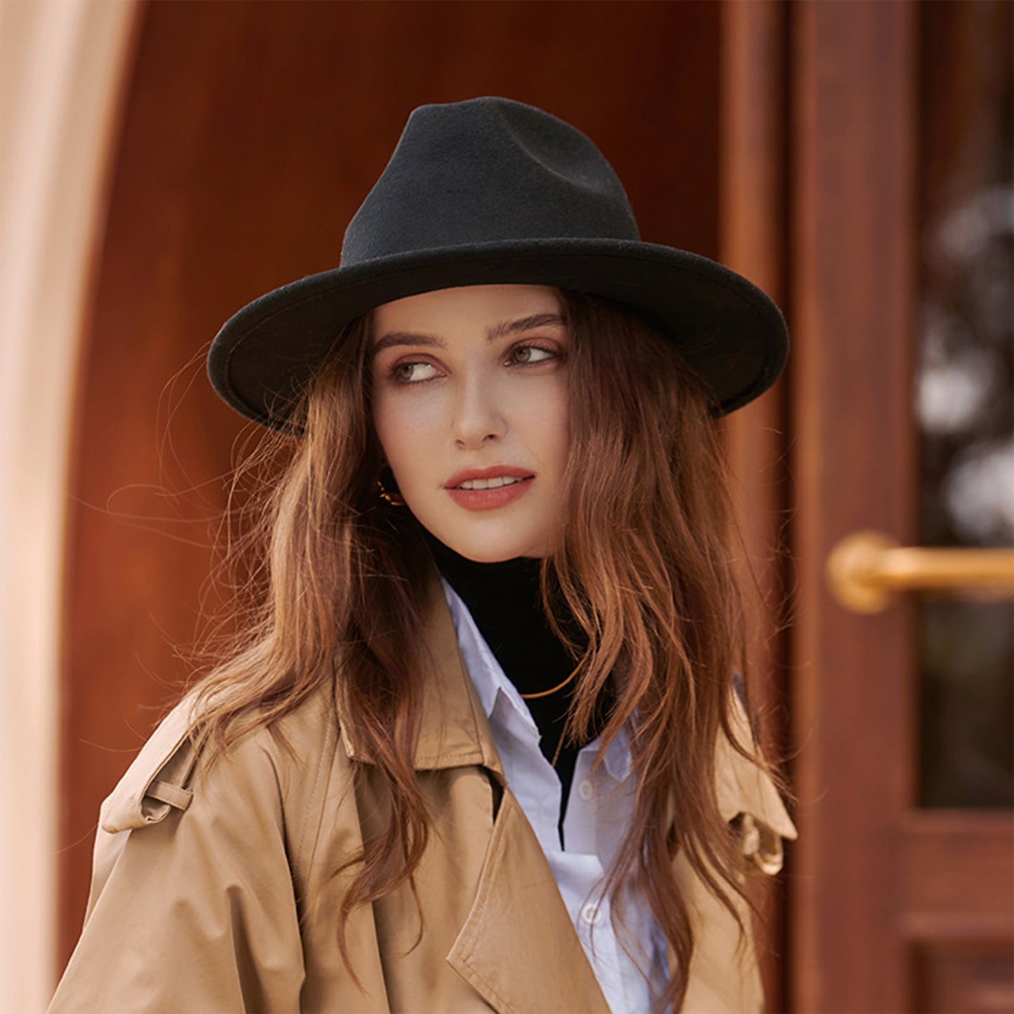 Women Wide Brim Fedora Hat with Gold Chain Band