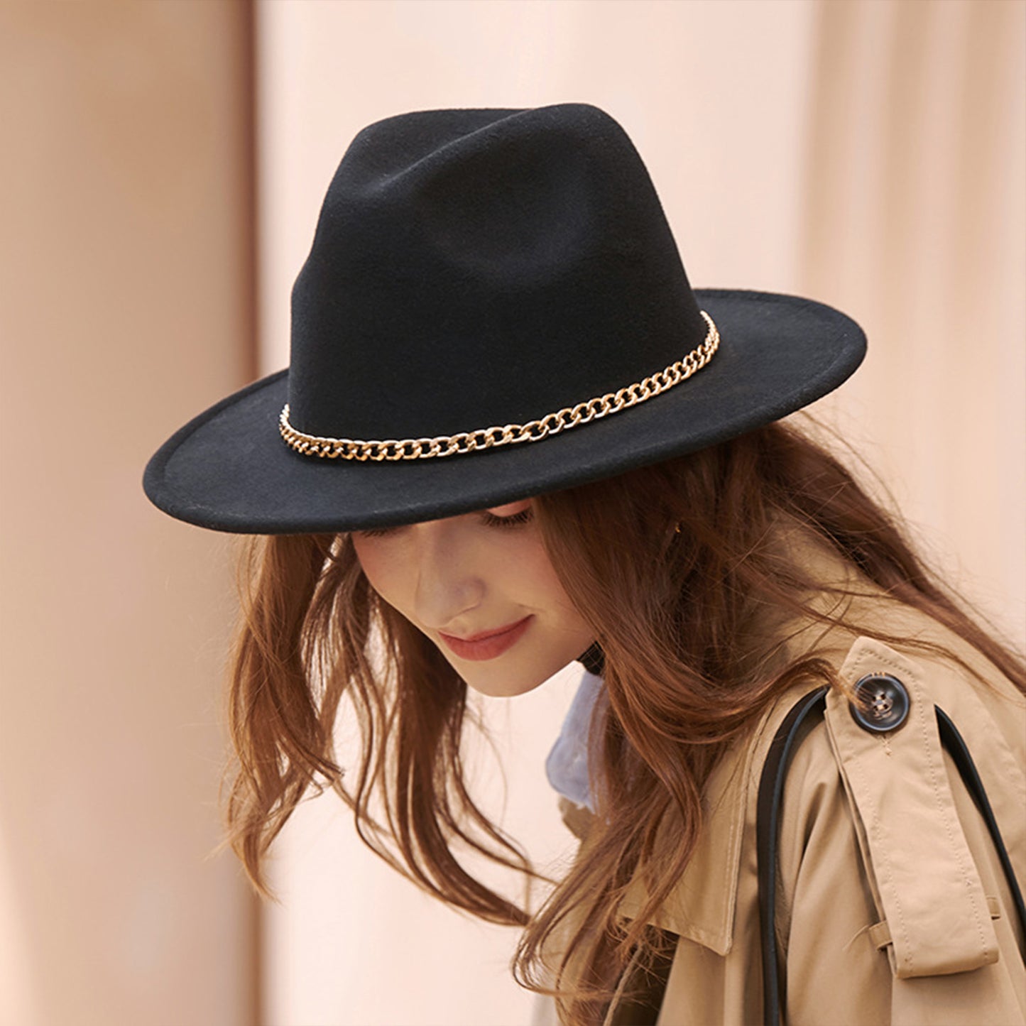Women Wide Brim Fedora Hat with Gold Chain Band