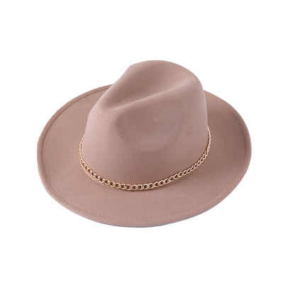 Women Wide Brim Fedora Hat with Gold Chain Band