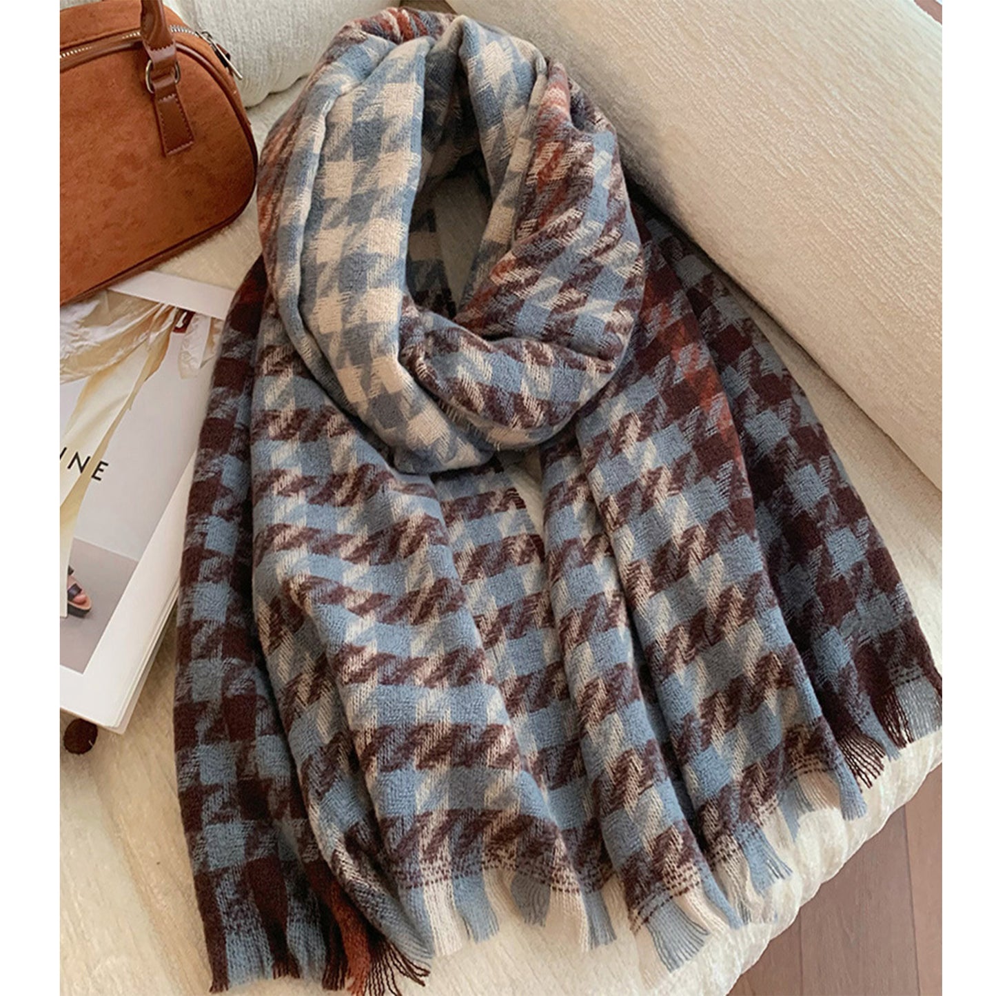 Womens Soft Oversized Plaid Scarf with Fringe Trim for Cold Weather 75¡Á23.6 Inches