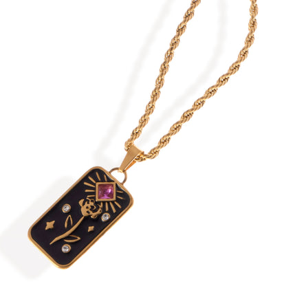 Alilang Women's Gold Tone Rope Chain Necklace with Enamel Pendant and Gemstone Accent