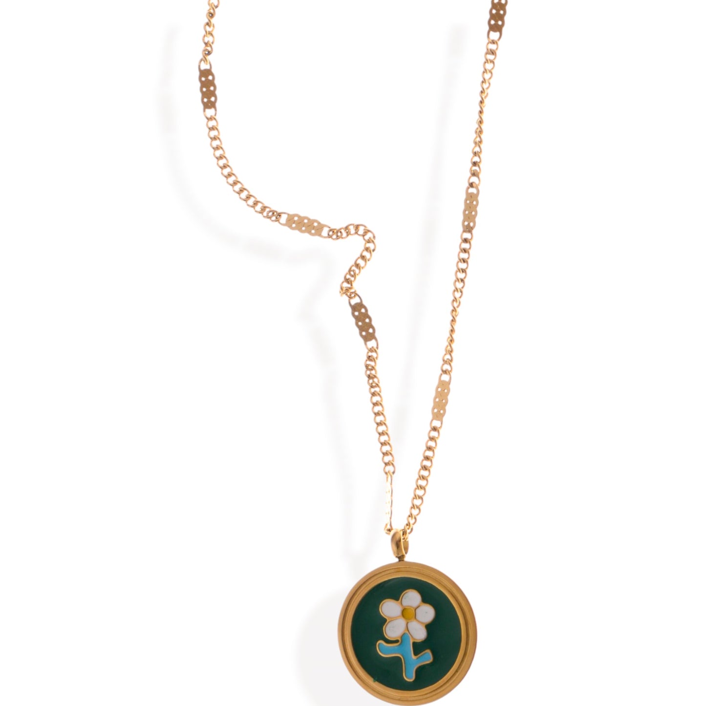 Alilang Women's Gold Tone Chain Necklace with Green Enamel Flower Pendant
