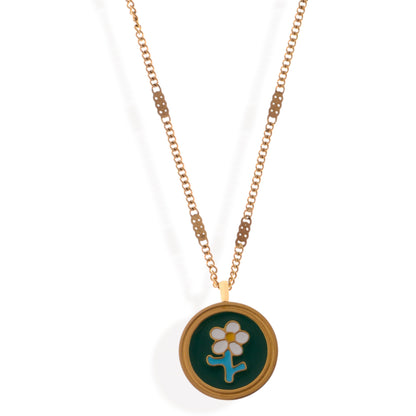 Alilang Women's Gold Tone Chain Necklace with Green Enamel Flower Pendant