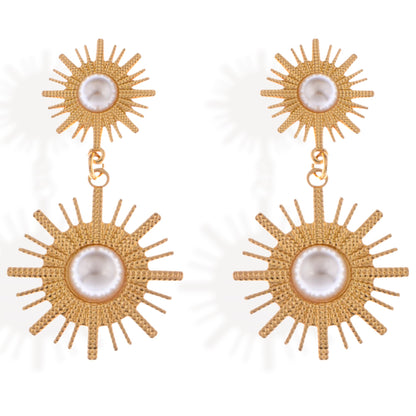 Alilang Women's Gold Tone Sunburst Dangle Earrings with Pearl Accents