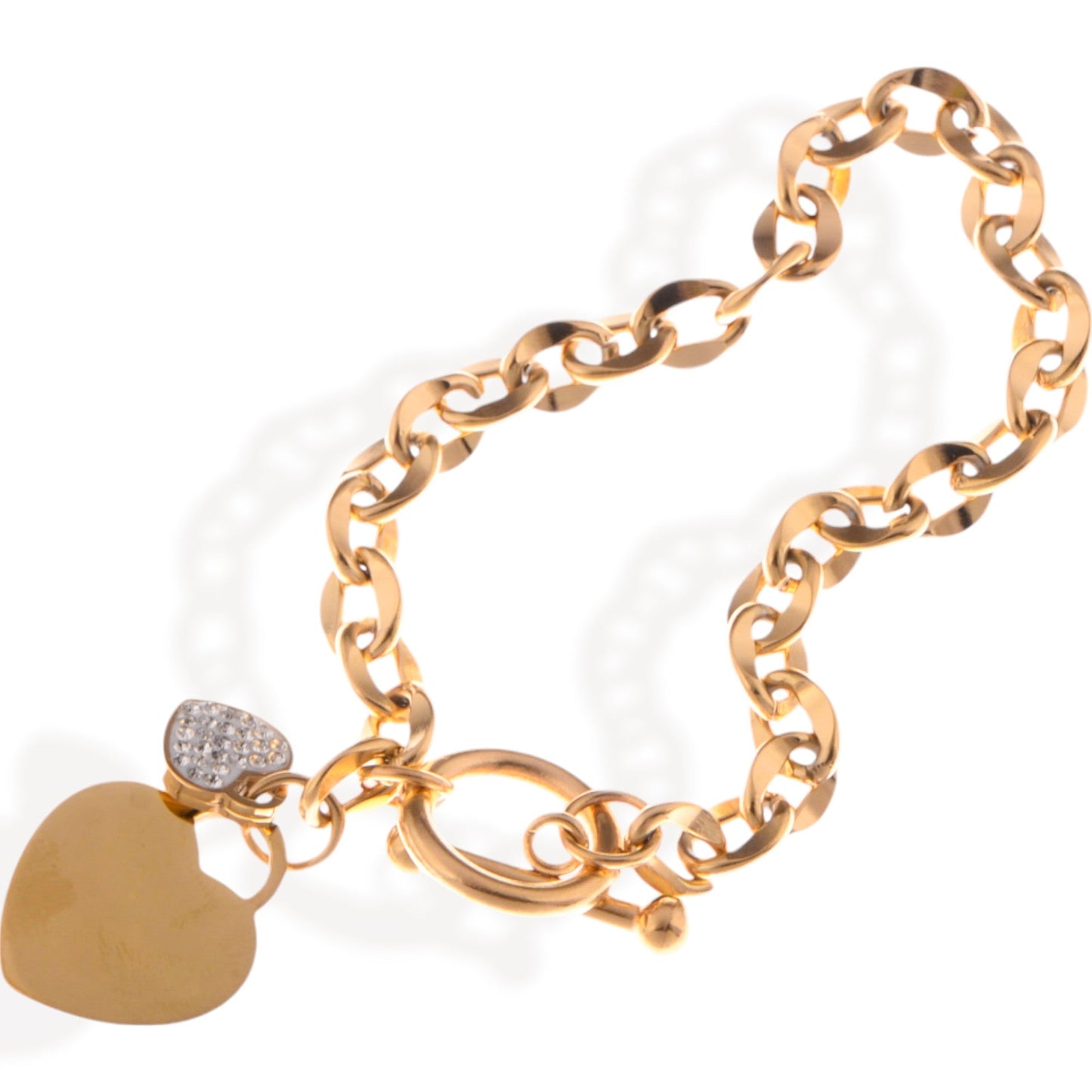Gold Tone Chain Bracelet with Double Heart Charms and Toggle Clasp