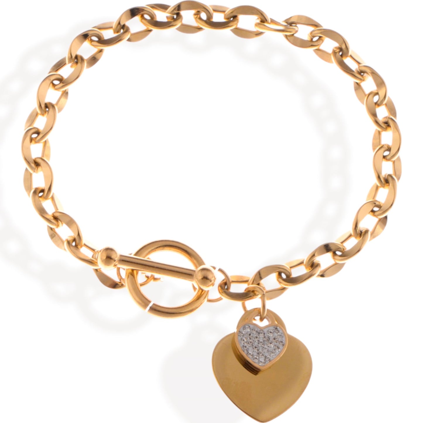 Gold Tone Chain Bracelet with Double Heart Charms and Toggle Clasp