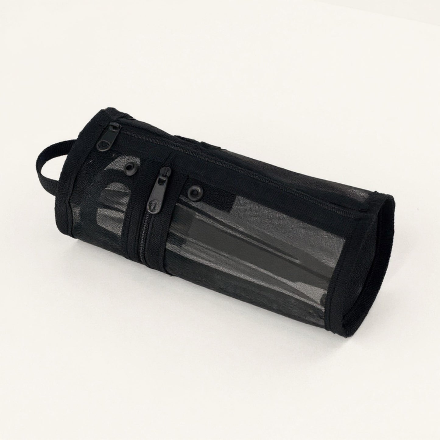 Cylindrical Mesh Case with Dual Zipper Compartments and Carry Handle 7.8x3.5 in