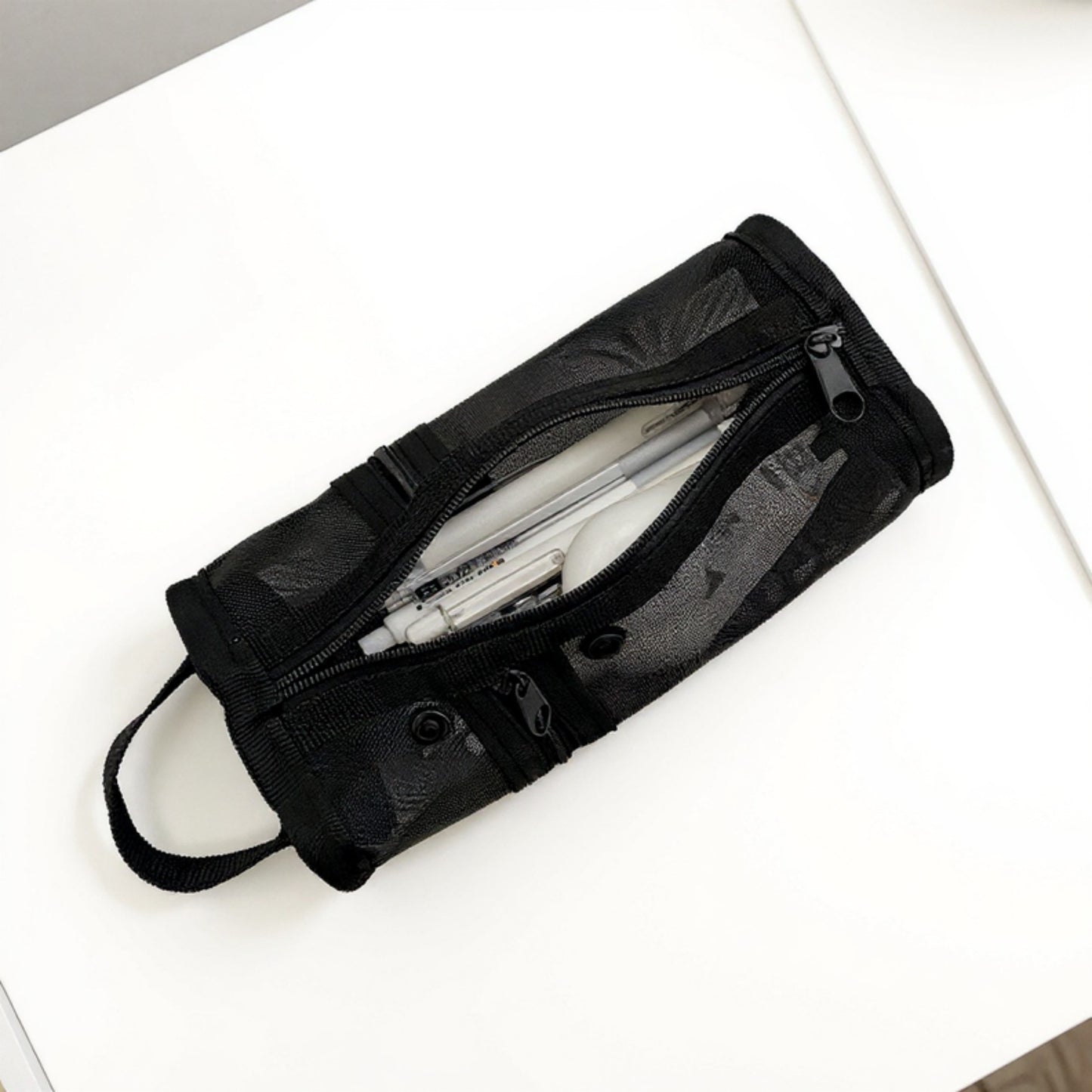 Cylindrical Mesh Case with Dual Zipper Compartments and Carry Handle 7.8x3.5 in