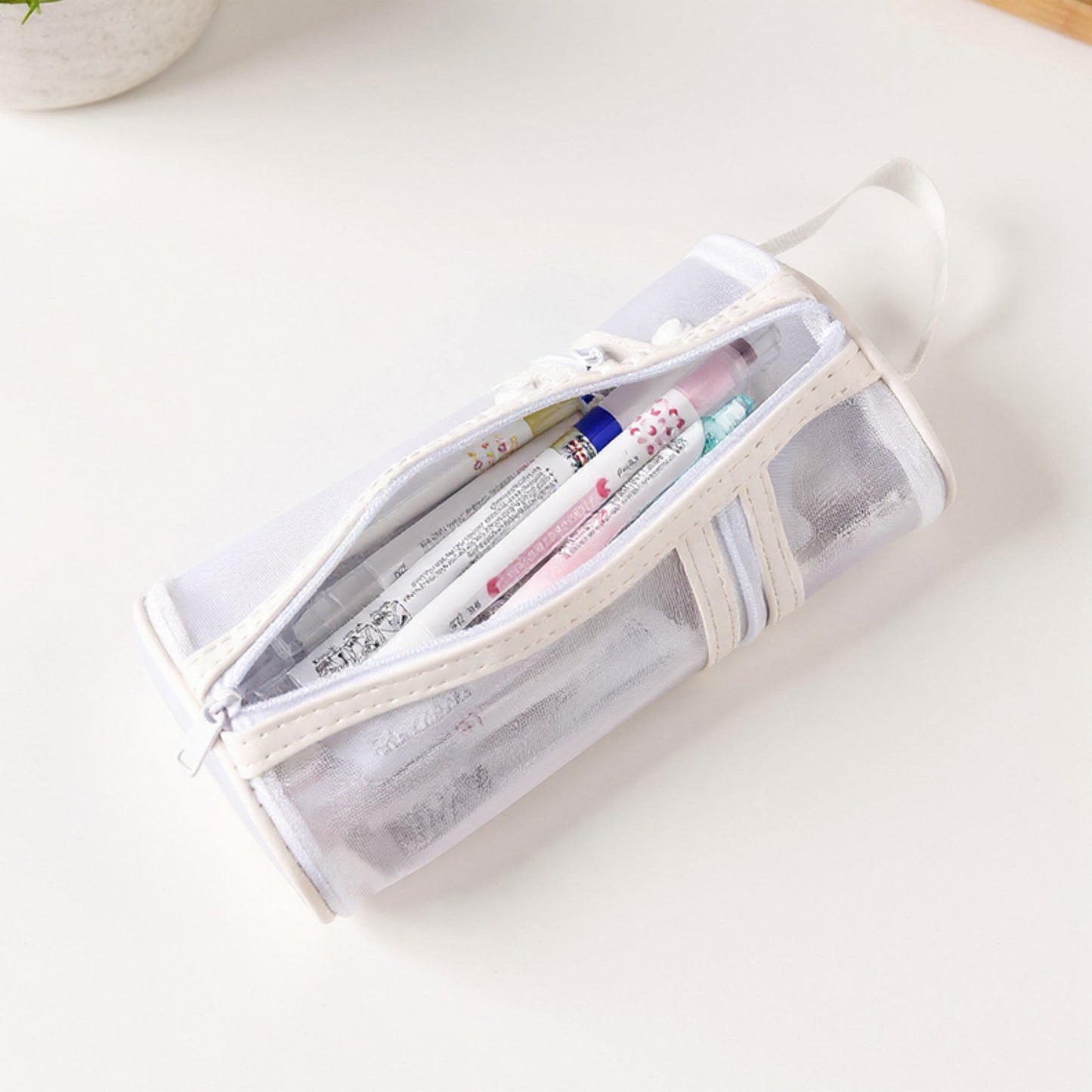 Cylindrical Mesh Case with Dual Zipper Compartments and Carry Handle 7.8x3.5 in