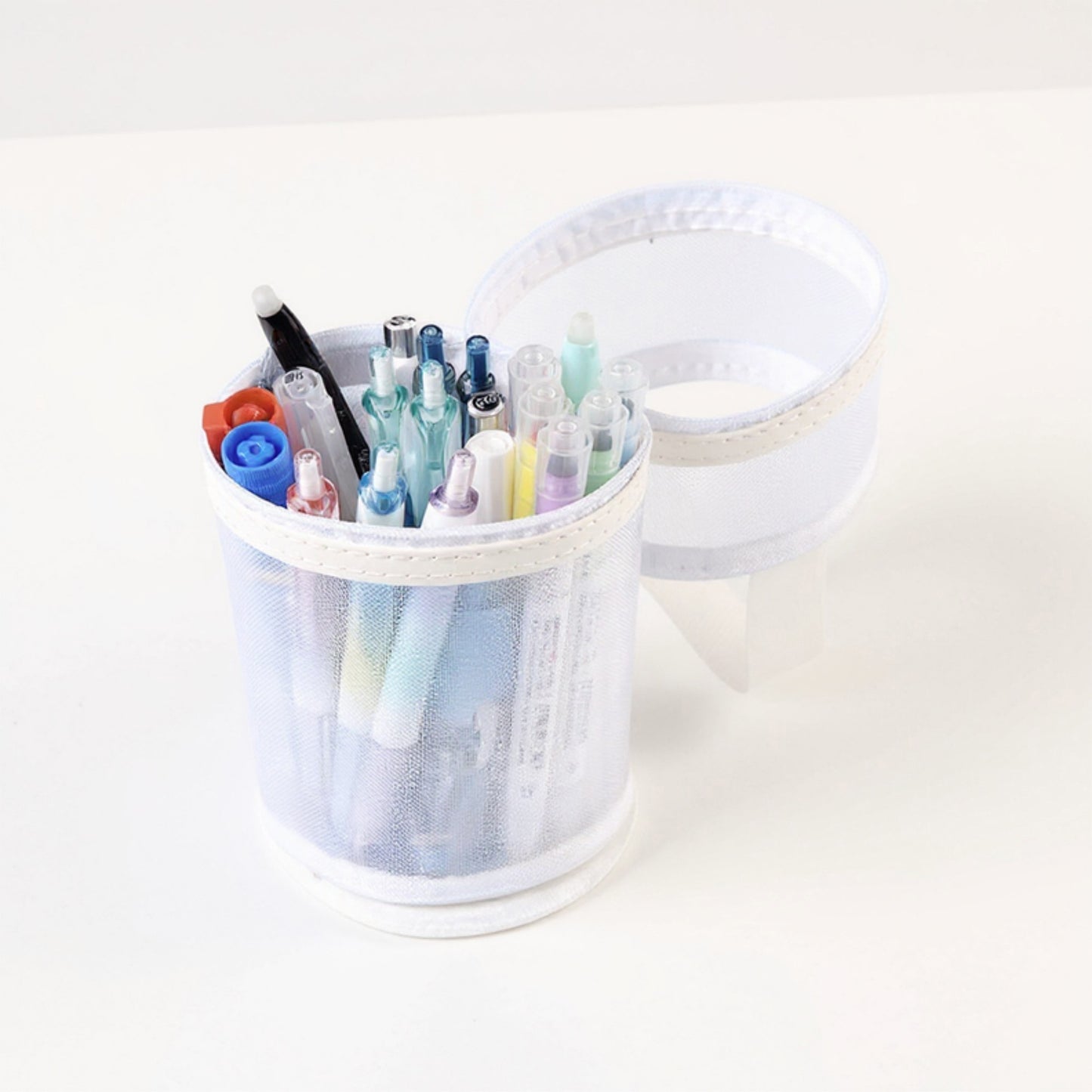 Cylindrical Mesh Case with Dual Zipper Compartments and Carry Handle 7.8x3.5 in