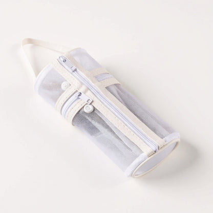 Cylindrical Mesh Case with Dual Zipper Compartments and Carry Handle 7.8x3.5 in