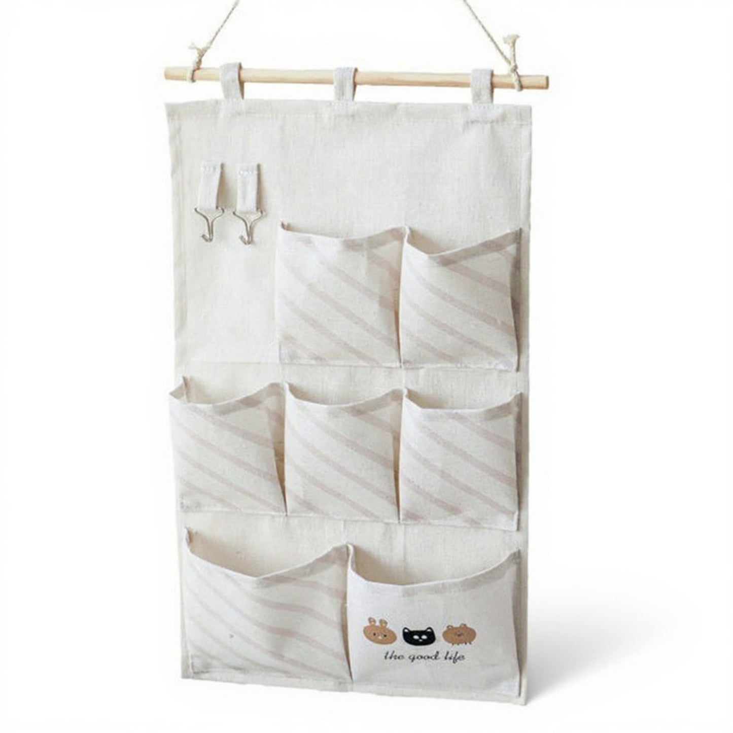 Hanging Fabric Storage Organizer with Wooden Rod and Multi-Pocket Design