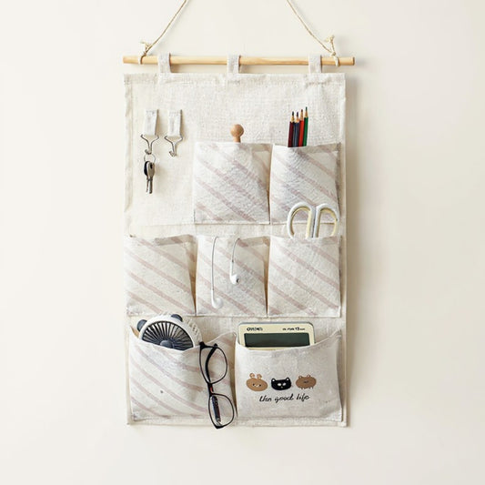 Hanging Fabric Storage Organizer with Wooden Rod and Multi-Pocket Design