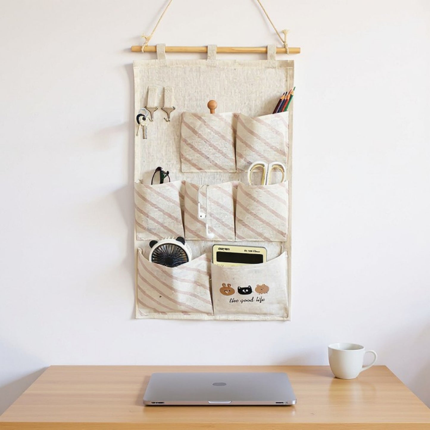 Hanging Fabric Storage Organizer with Wooden Rod and Multi-Pocket Design