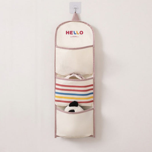Hanging Wall Storage Organizer with Fabric Multi-Pockets and Striped Accent Design