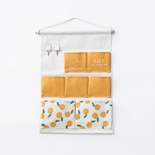 Hanging Wall Storage Organizer with Multiple Fabric Pockets and Orange Fruit Print Design