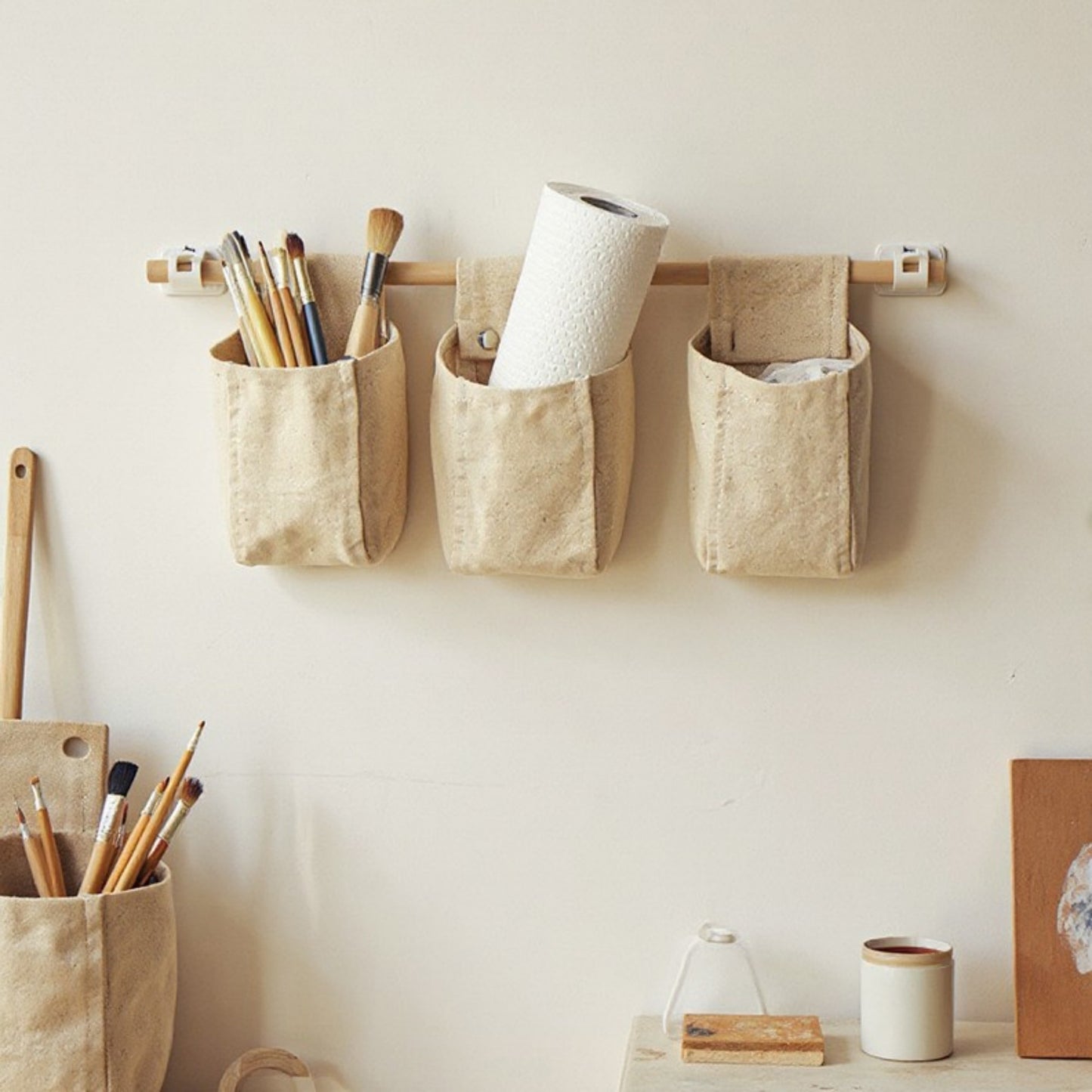 Hanging Wall Storage Basket with Front Pocket and Reinforced Canvas Construction