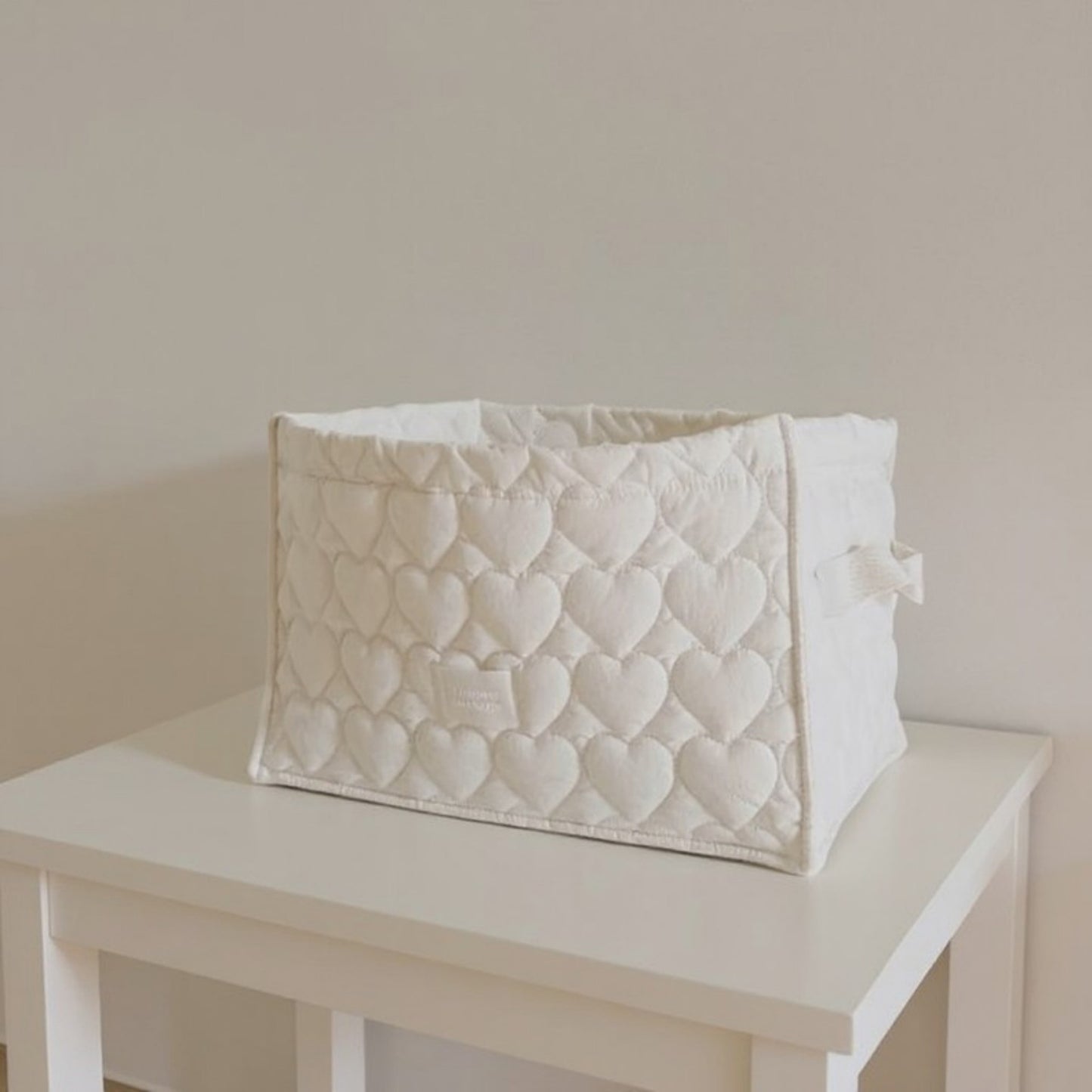 Quilted Square Storage Basket with Heart Pattern and Side Handles