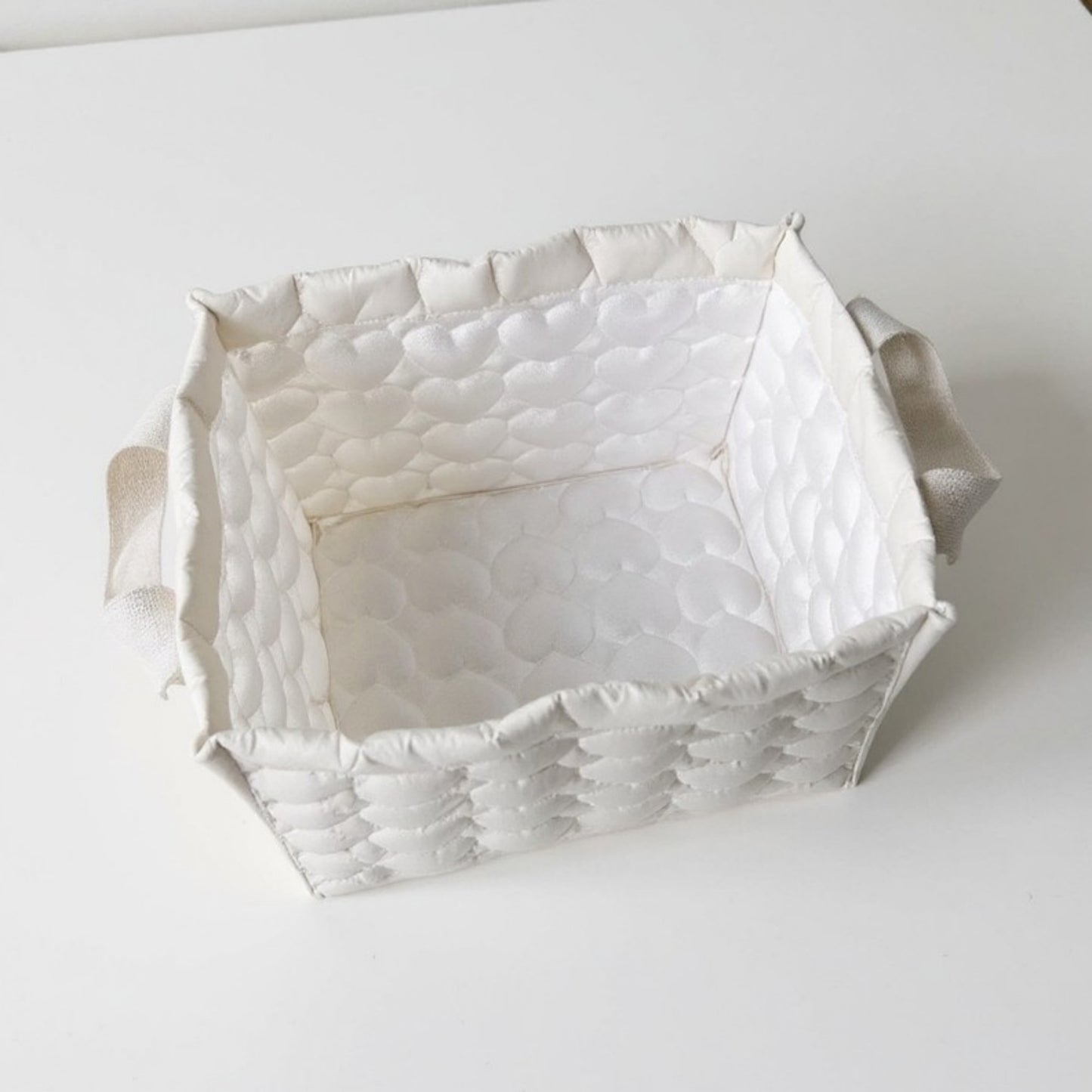 Quilted Square Storage Basket with Heart Pattern and Side Handles