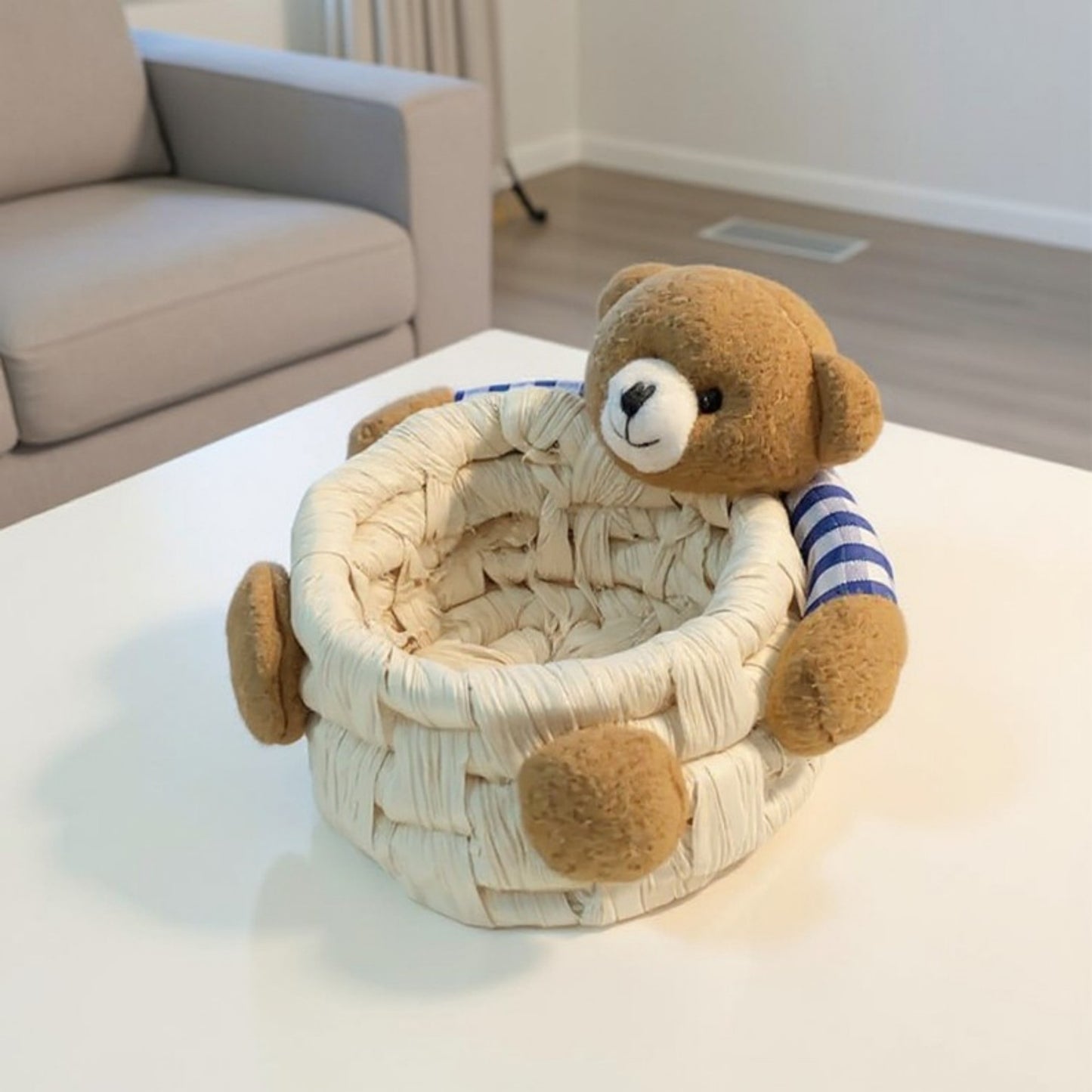 Woven Storage Basket with Plush Bear Accent and Handcrafted Design