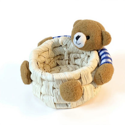 Woven Storage Basket with Plush Bear Accent and Handcrafted Design