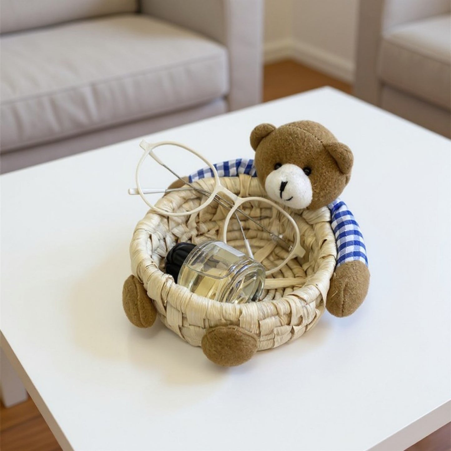 Woven Storage Basket with Plush Bear Accent and Handcrafted Design