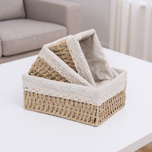4-Piece Woven Storage Basket Set with Lace Trim and Fabric Lining