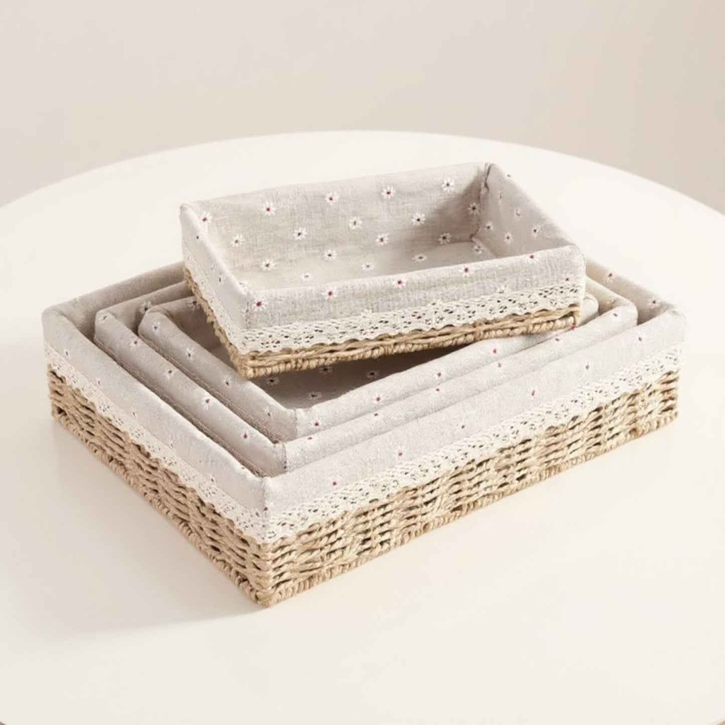 4-Piece Woven Storage Basket Set with Lace Trim and Fabric Lining