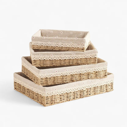 4-Piece Woven Storage Basket Set with Lace Trim and Fabric Lining