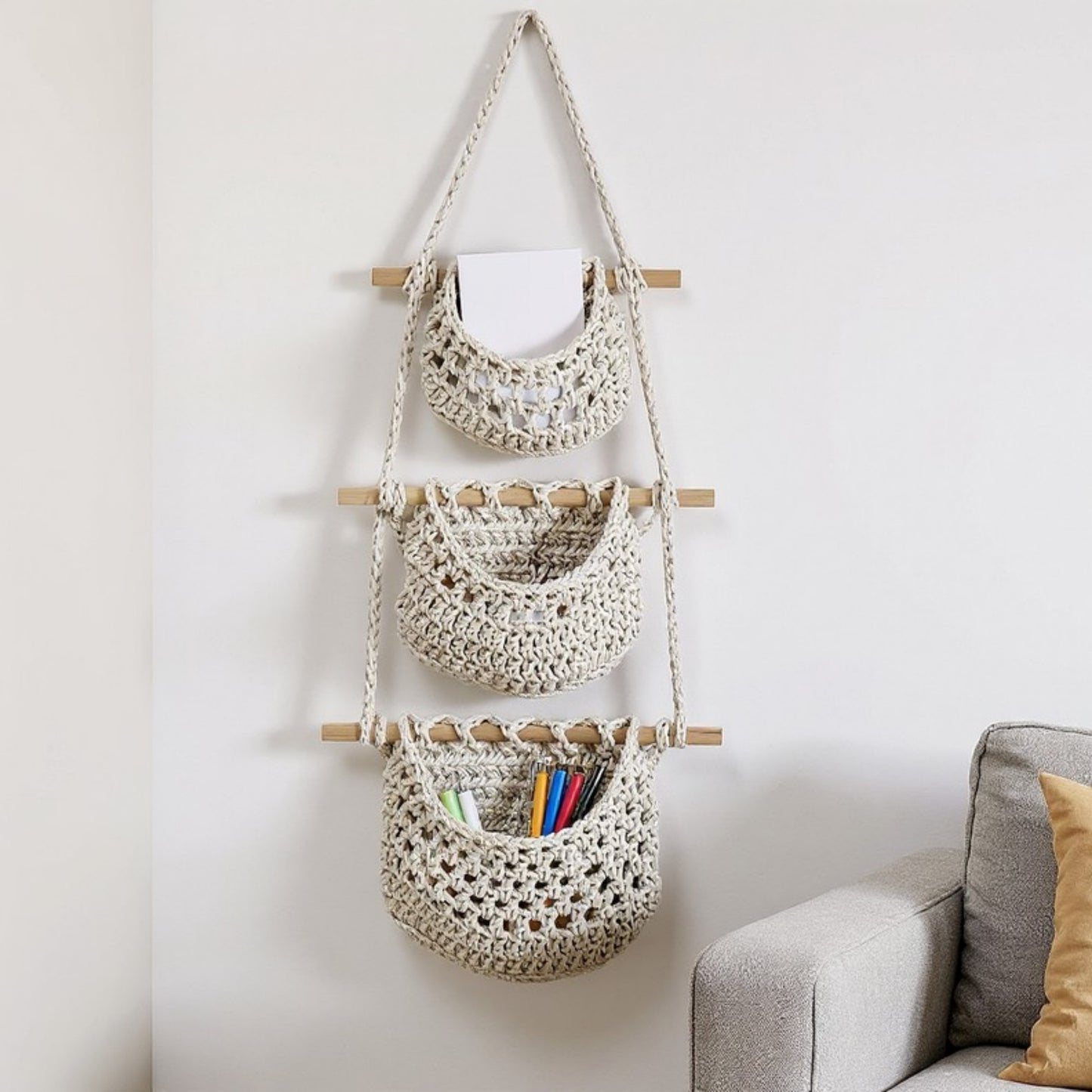 3-Tier Woven Hanging Storage Baskets with Wooden Rods and Rope Hanger