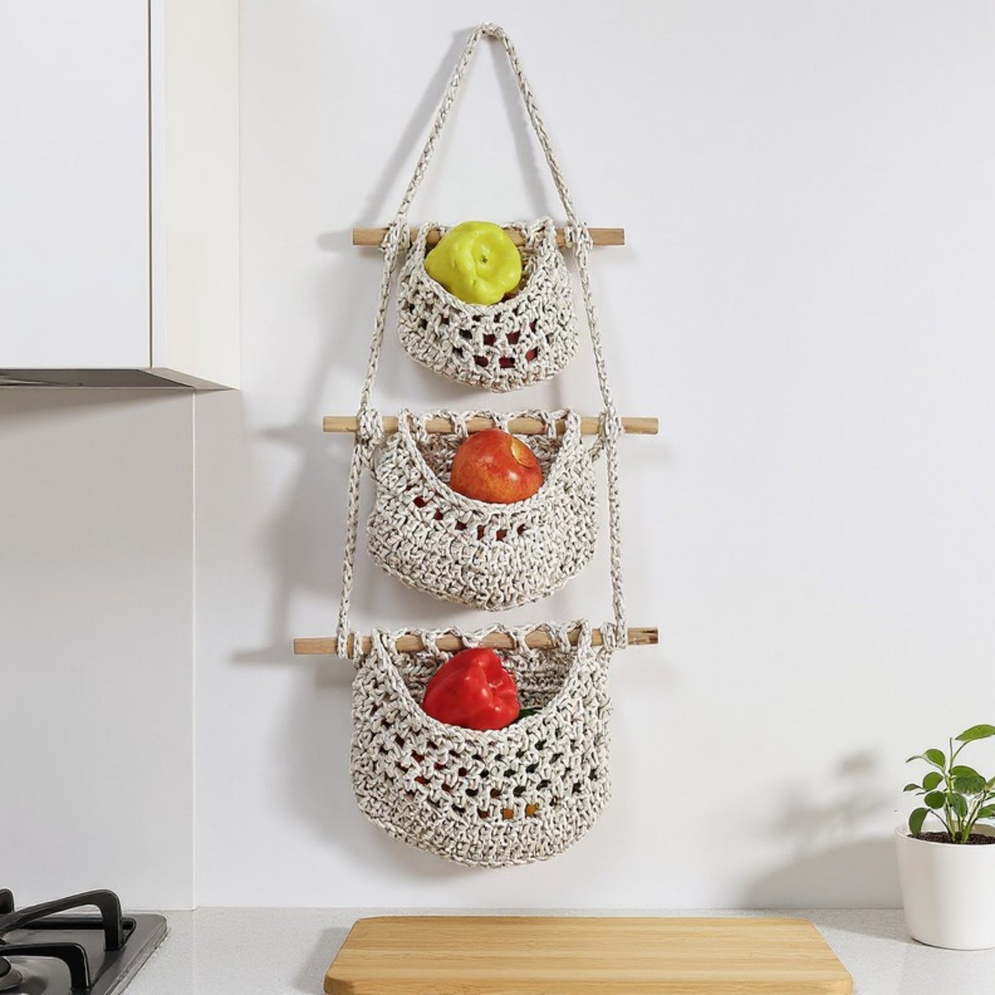 3-Tier Woven Hanging Storage Baskets with Wooden Rods and Rope Hanger