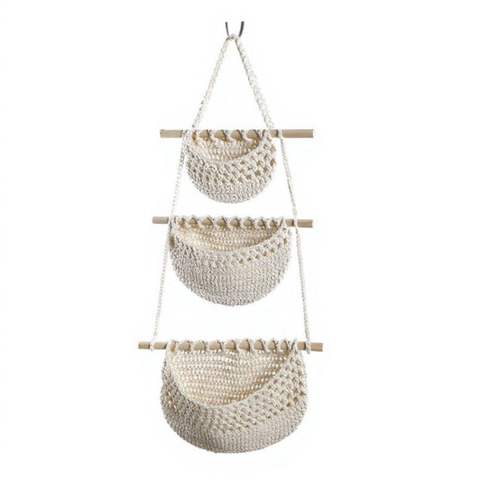 3-Tier Woven Hanging Storage Baskets with Wooden Rods and Rope Hanger
