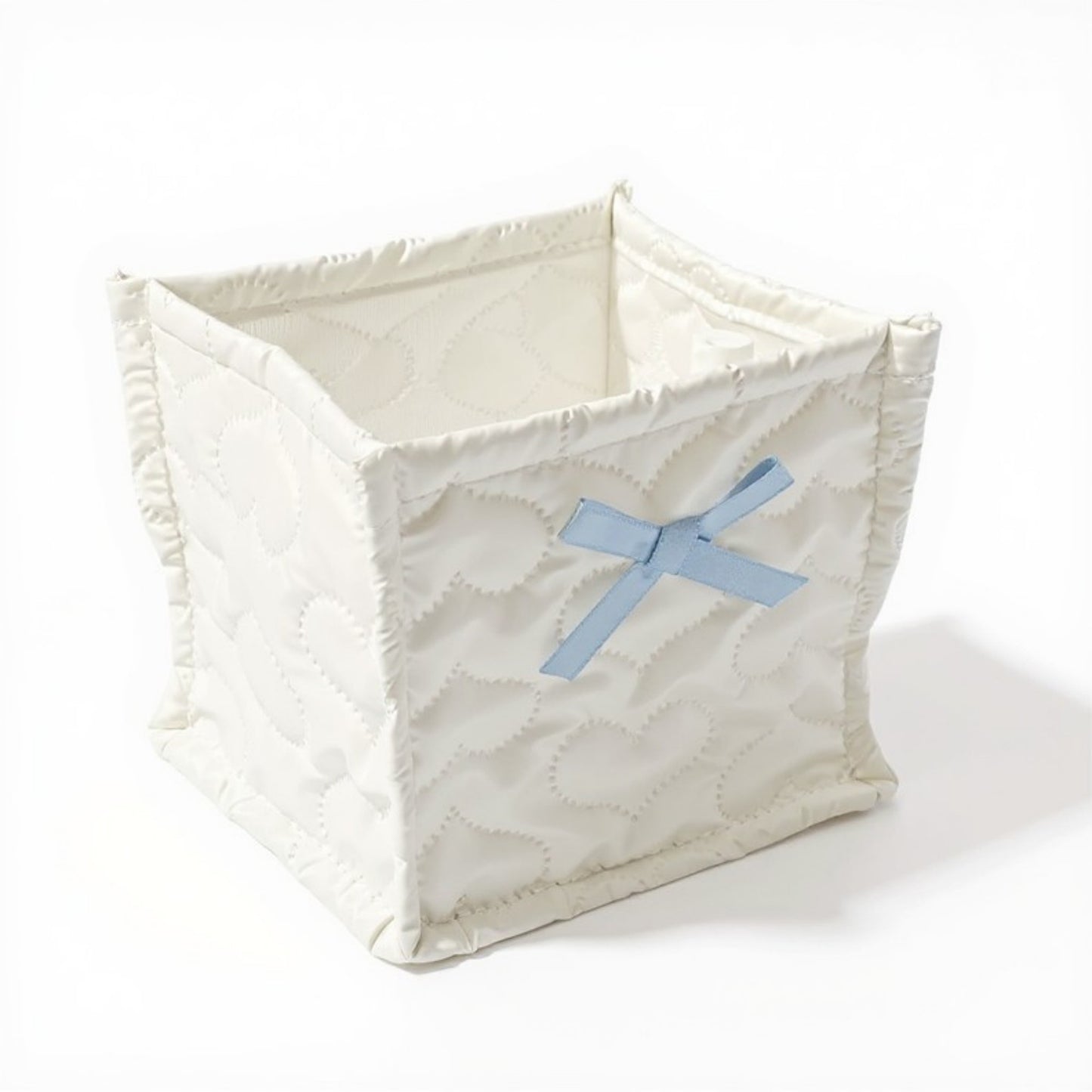 Quilted Storage Basket with Heart Stitching and Bow Accent