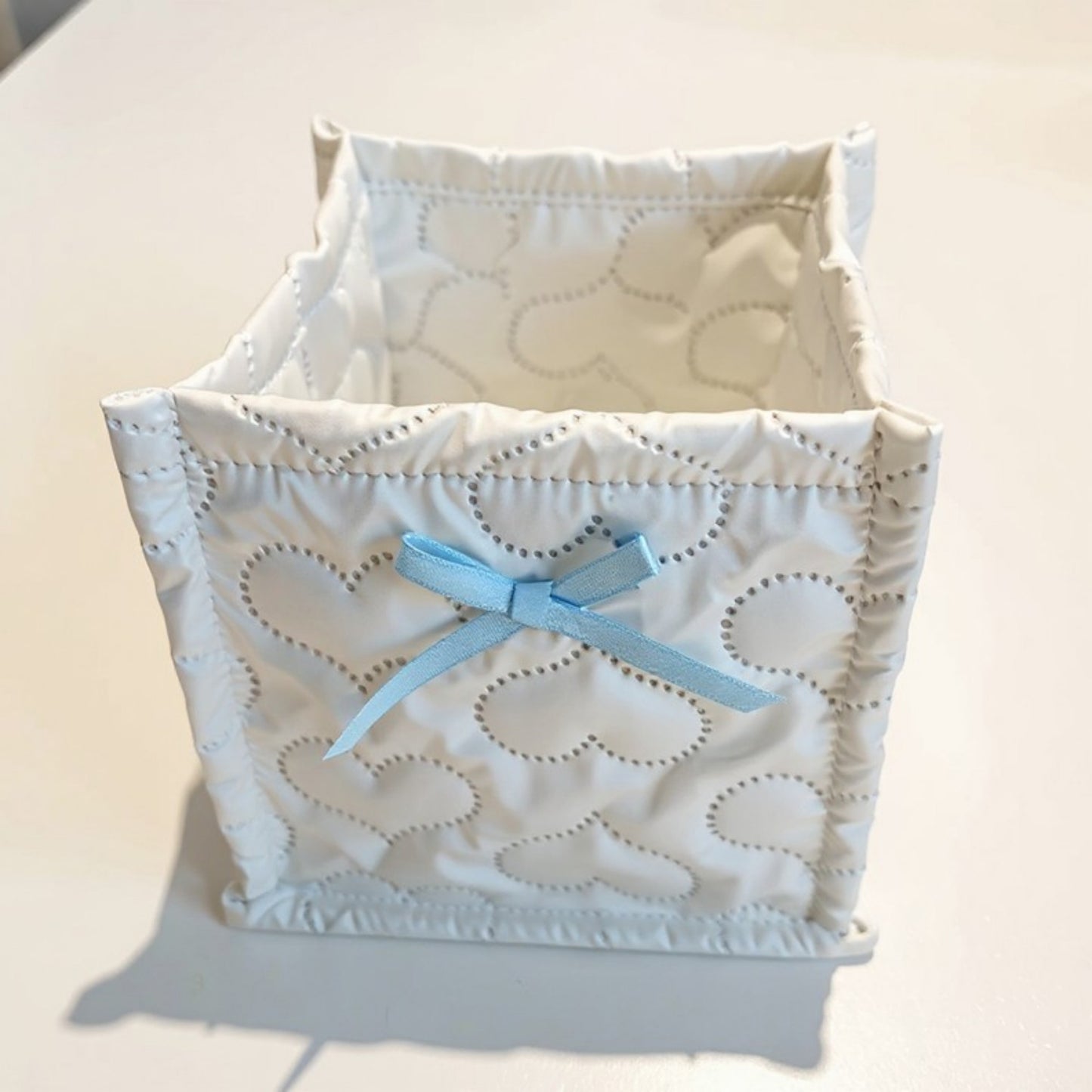 Quilted Storage Basket with Heart Stitching and Bow Accent