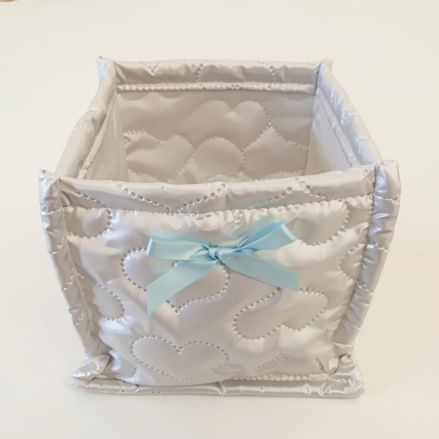 Quilted Storage Basket with Heart Stitching and Bow Accent