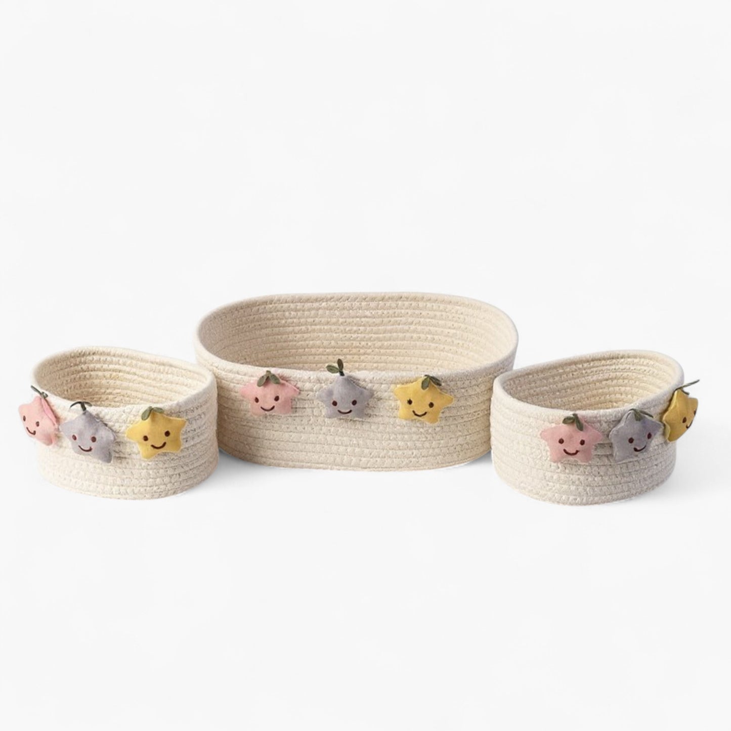 2-Piece Woven Storage Basket Set with Plush Star Accents and Rope Texture