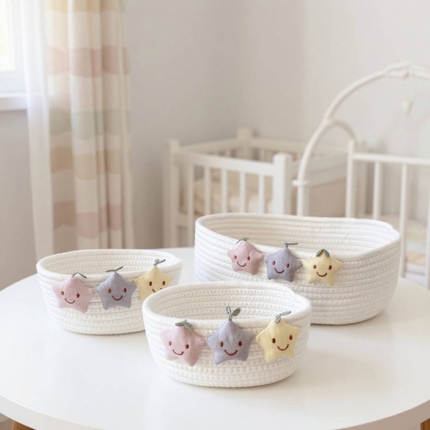 2-Piece Woven Storage Basket Set with Plush Star Accents and Rope Texture