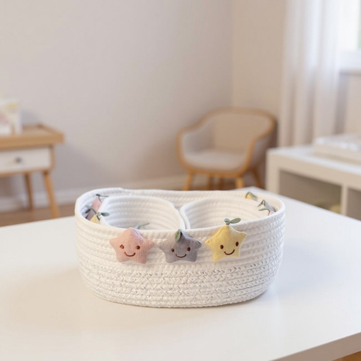 2-Piece Woven Storage Basket Set with Plush Star Accents and Rope Texture