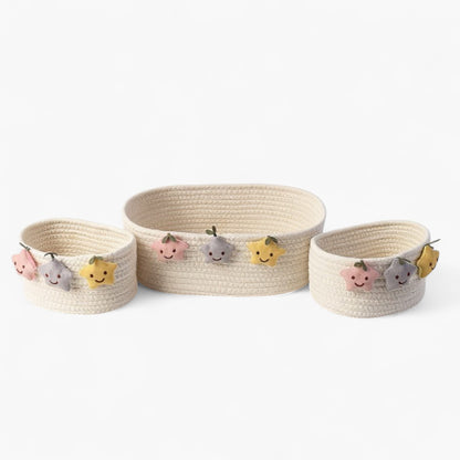 2-Piece Woven Storage Basket Set with Plush Star Accents and Rope Texture